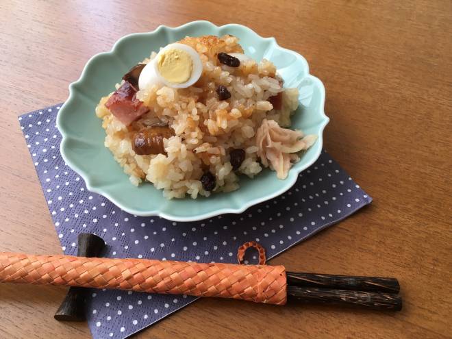 あま栗とチャーシューのレーズンバター中華おこわ風