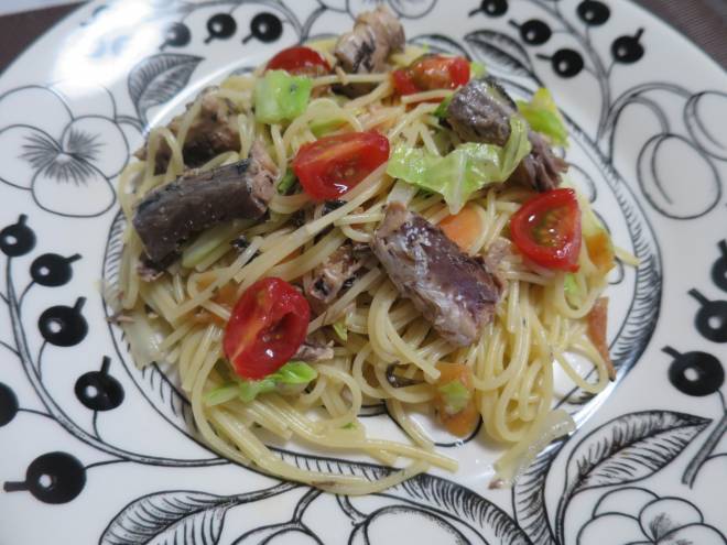 サバ缶で梅しそ風味のさっぱり爽やかパスタ