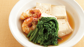 春菊、えび、豆腐の煮物