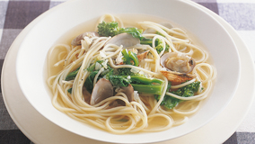 あさりと菜の花のスープパスタ