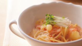 新じゃがとベーコンのスープパスタ