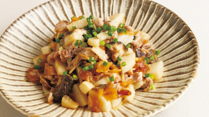 長芋と豚肉、福神漬けのレンジ蒸し