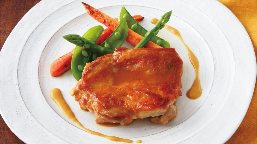 ハニーマスタード照り焼きチキン 春野菜の蒸し焼き添え