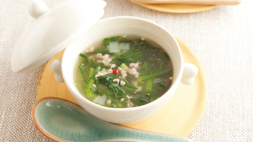 【今日の料理】【今日の料理】春菊と鶏ひき肉のスープ