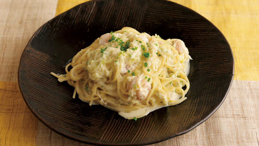 白ねぎと甘えびのクリームパスタ