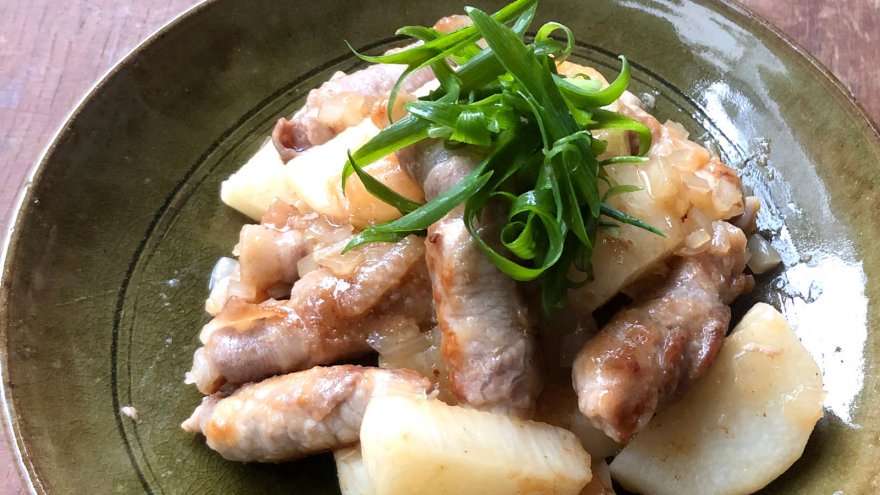 長芋とロール豚のらっきょう塩炒め