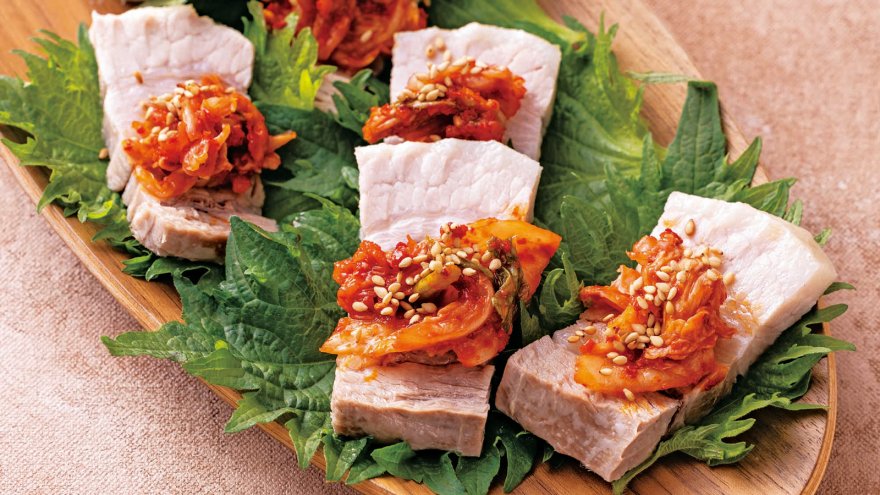 ゆで豚のキムチ青じそ巻き