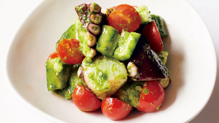 たこと夏野菜の翡翠醤あえ