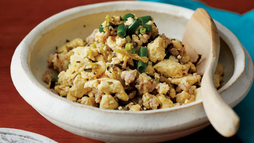 ひき肉と高菜のいり豆腐