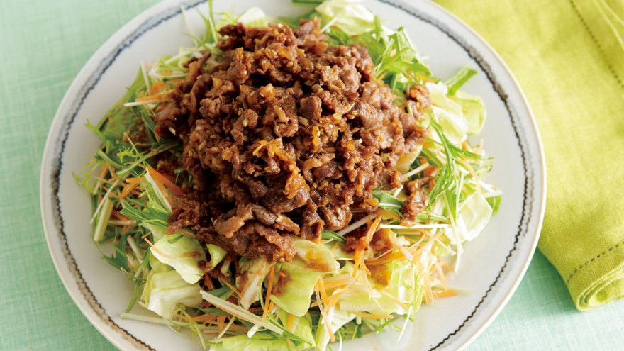 春キャベツと水菜の牛肉ドレッシングサラダ