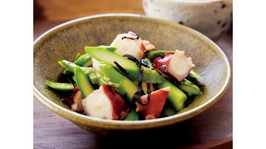 たことアスパラの塩昆布あえ