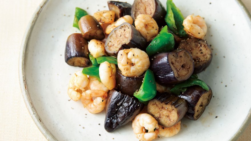 冷凍なすとえびの塩炒め