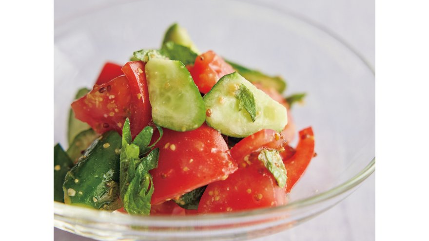 トマトときゅうりのみそマスタードあえ