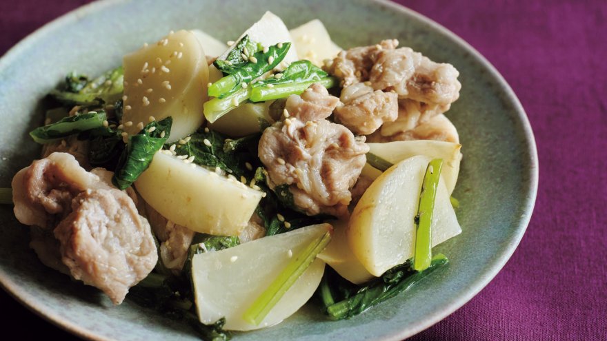 かぶと豚肉のしょうがじょうゆ蒸し煮