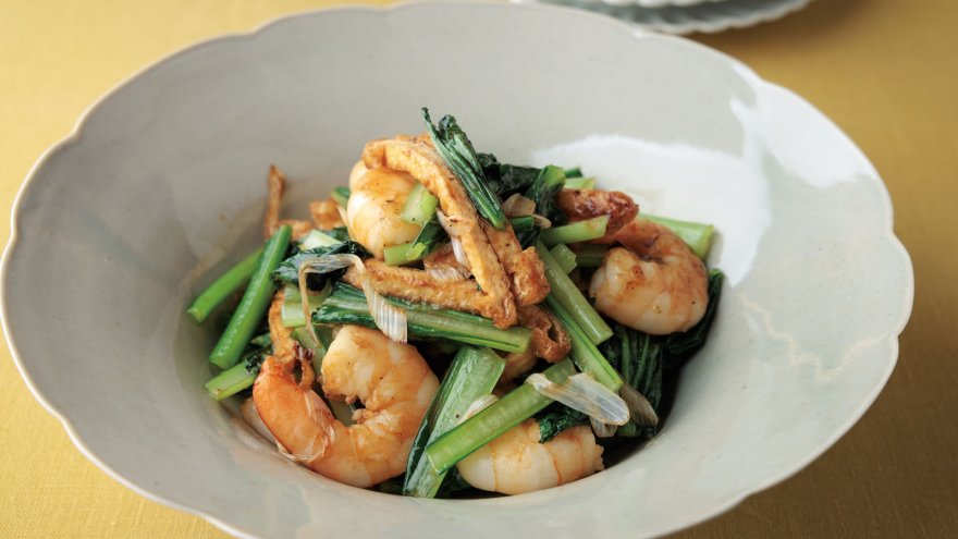 油揚げとえび、小松菜のオイスター炒め