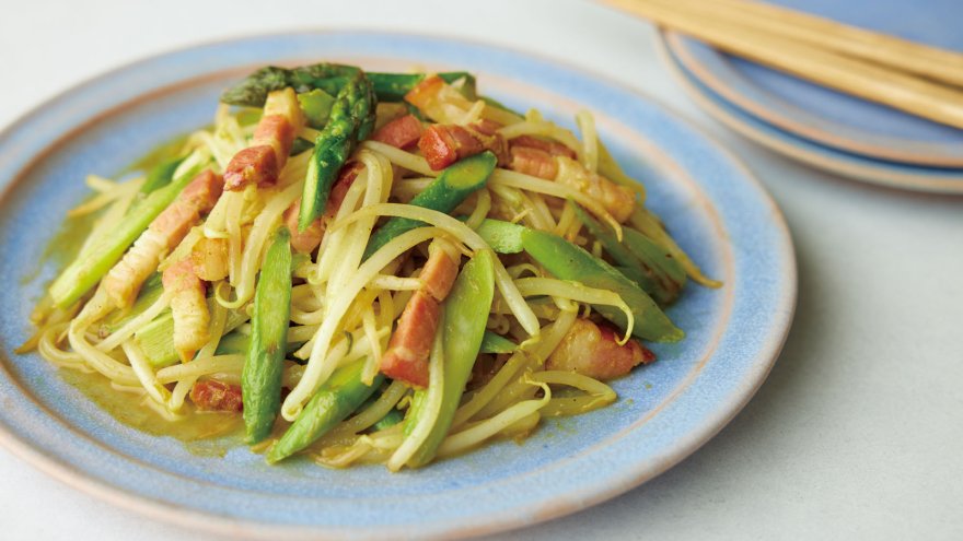 アスパラとベーコンのもやし炒め