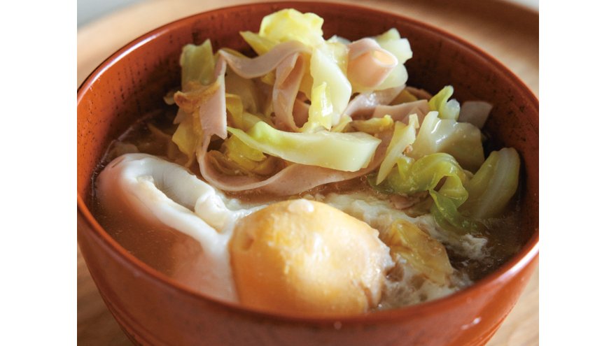 フライパンでハムエッグみそ汁