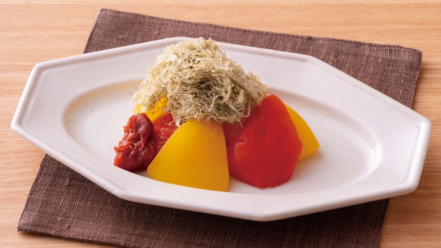 レンチンパプリカのおぼろ昆布あえ