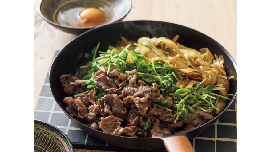 牛ごぼうと豆苗のすき焼き風