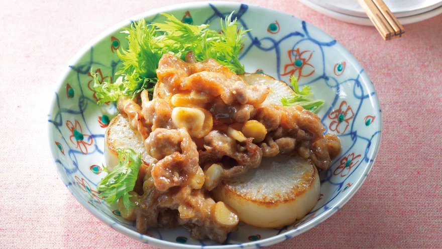 焼き大根の豚こま肉みそ