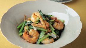 油揚げとえび、小松菜のオイスター炒め