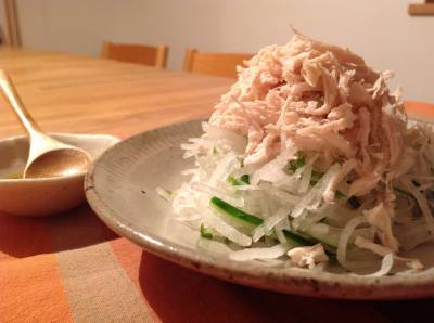 ささ身の酒蒸しサラダ 塩ごまだれ添え