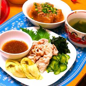 蒸しなすと豚しゃぶの粒マスタードソース