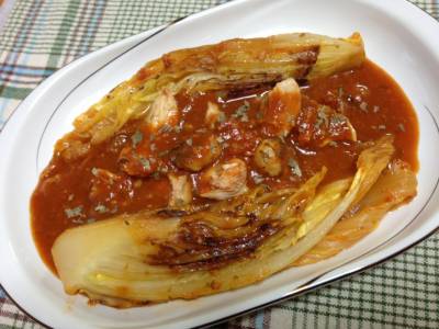 焼き白菜と鶏肉のみそトマト煮