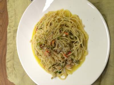 いわしのカリカリ焼きとレモンのパスタ