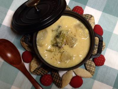 かぶとかぶの葉のコーンミルクスープ