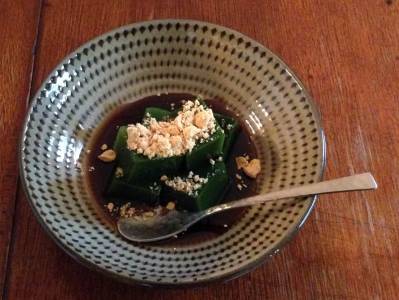 抹茶寒天 黒みつきな粉かけ