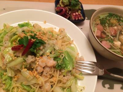 春キャベツとえびのパスタ 柚子こしょう風味