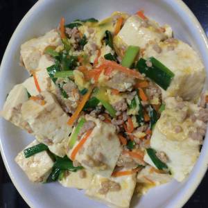 ひき肉と豆腐のにら炒め