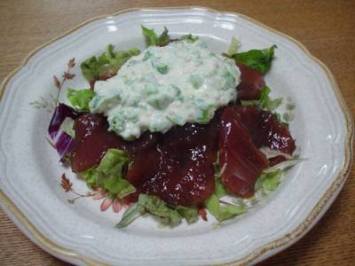 まぐろのオクラマヨネーズソースがけ