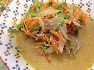 ほうれんそうと焼き鮭の豆乳仕立て