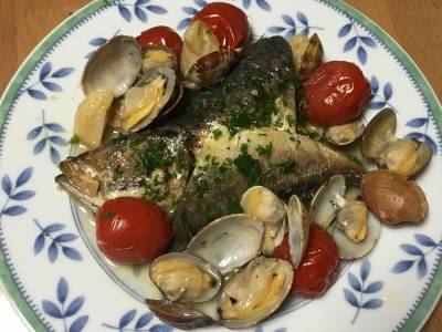 あじの干物のアクアパッツァ