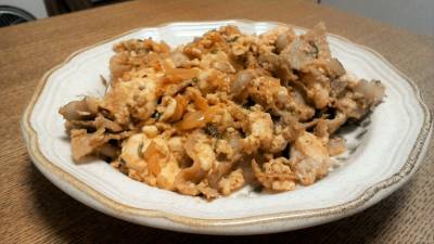 豚バラ肉と豆腐の高菜炒め