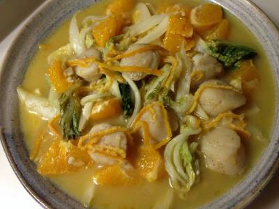 白菜と帆立てのみかんスープ仕立て