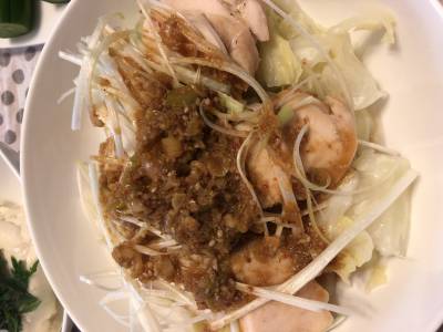 キャベツのザク切り蒸し よだれ鶏風