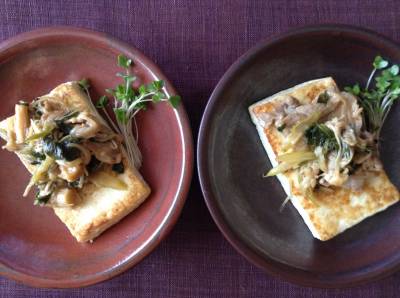 豆腐ステーキ セロリの葉の甘酢あんかけ