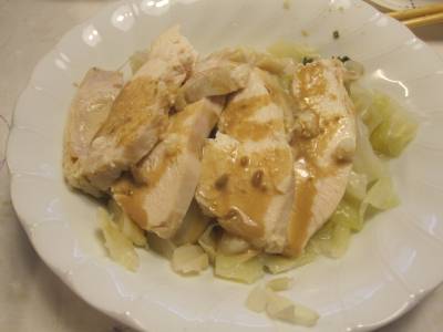 キャベツのザク切り蒸し よだれ鶏風