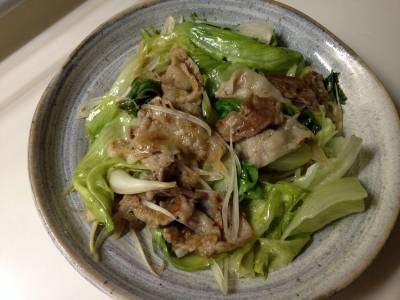 らっきょうと豚肉とレタスのサッと炒め