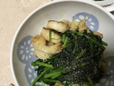 菜の花と帆立てのバターじょうゆ焼き