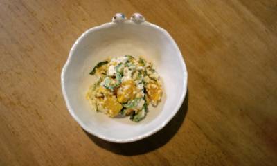 にがうりとかぼちゃのくずし豆腐あえ