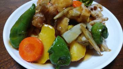 揚げさつまいもと根菜の甘酢あん