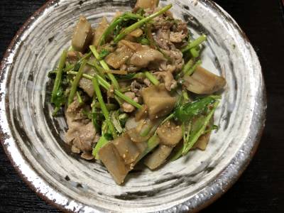 れんこんと豚肉のオイスター黒酢炒め