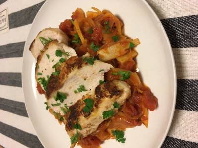 チキンソテー たけのこトマトソース