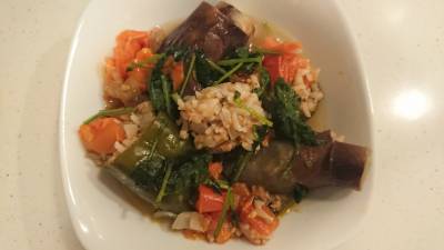 なすとピーマンのパクチー肉詰め