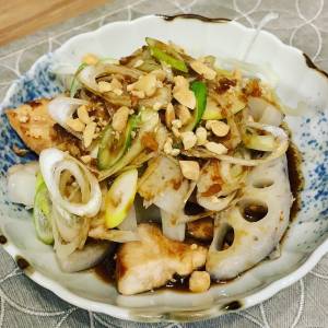 鶏ささ身とれんこんの香味ねぎだれ