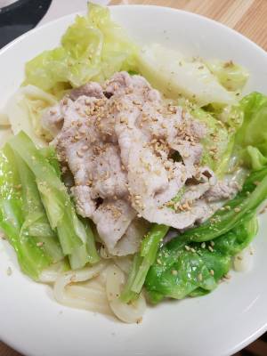 豚バラキャベツのつゆごま豆乳うどん